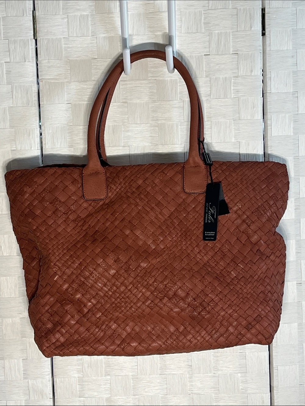 Furla Brown Woven Leather Tote Zipper closure Boho Made in Italy